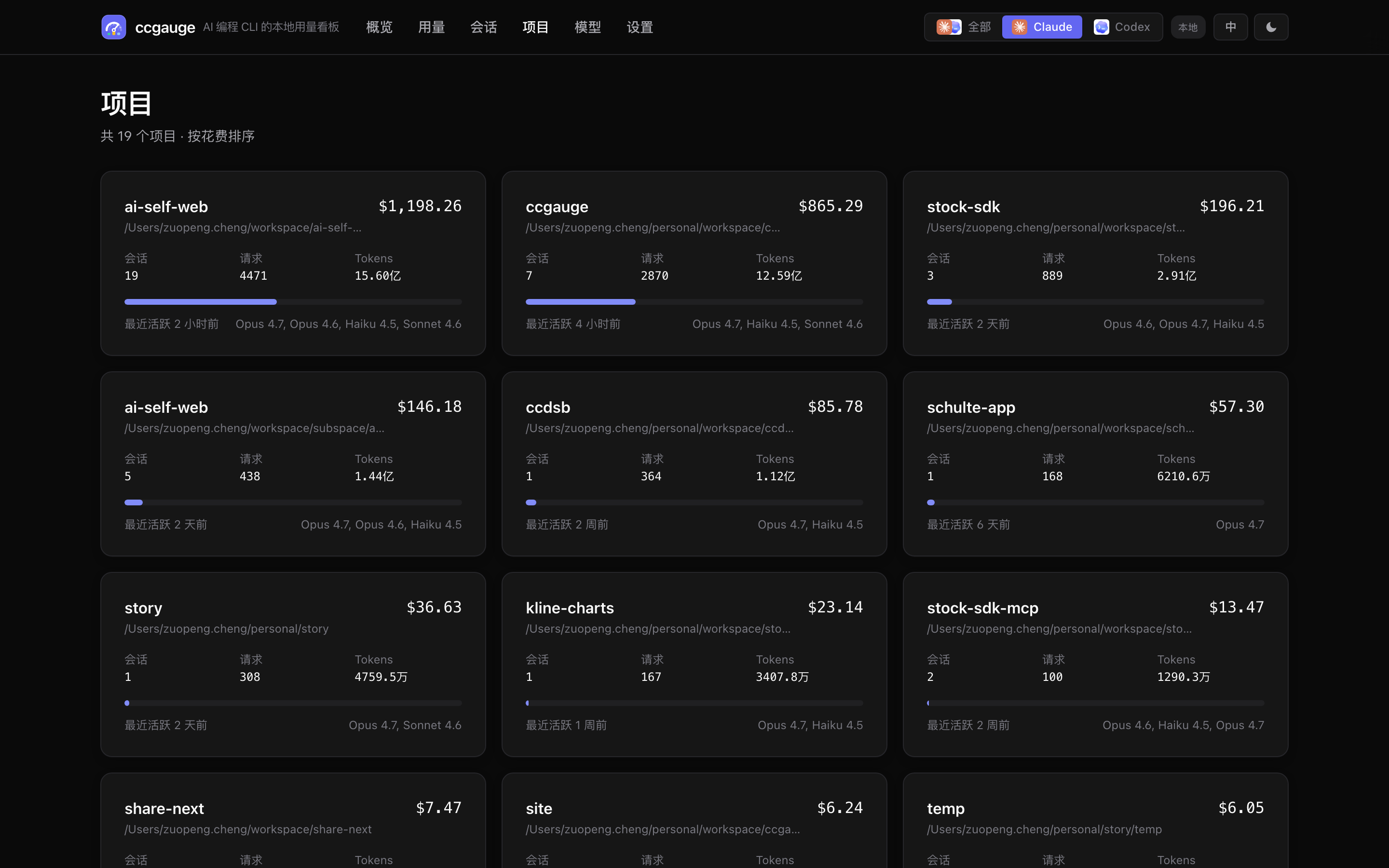ccgauge 项目页面截图，展示项目花费和 token 分布。