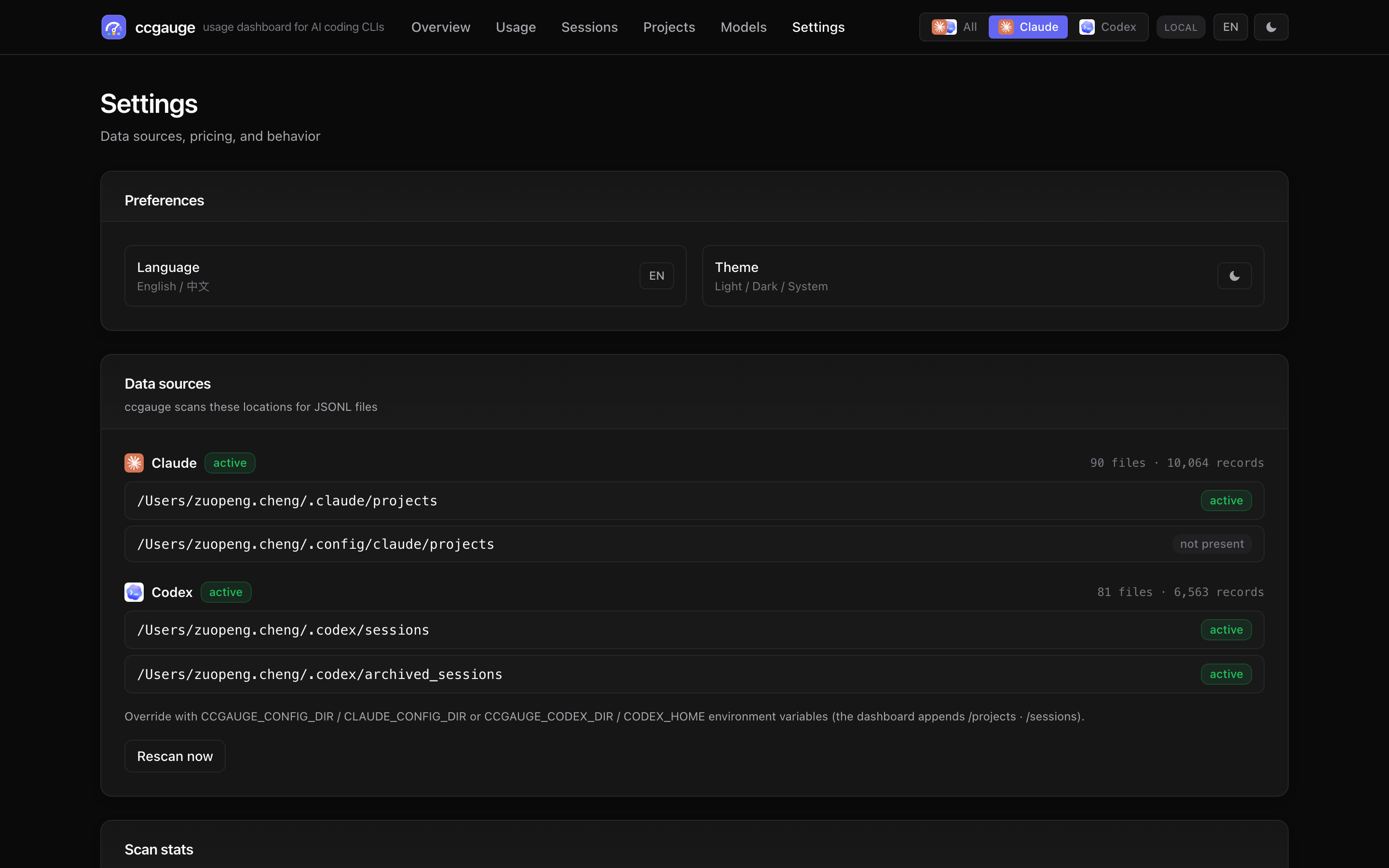 ccgauge settings page screenshot, showing preferences and detected data sources.