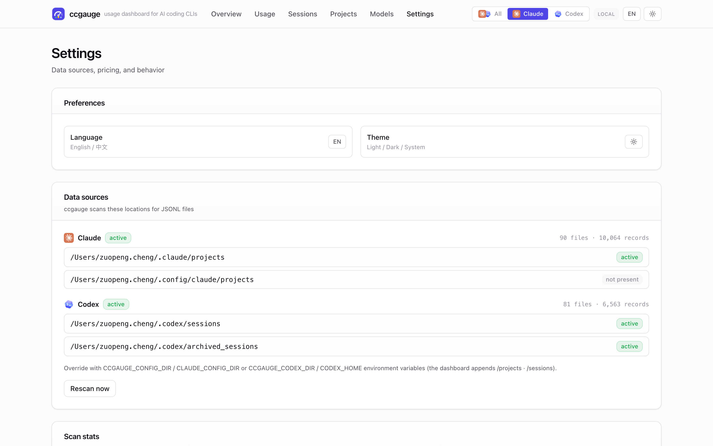 ccgauge settings page screenshot, showing preferences and detected data sources.